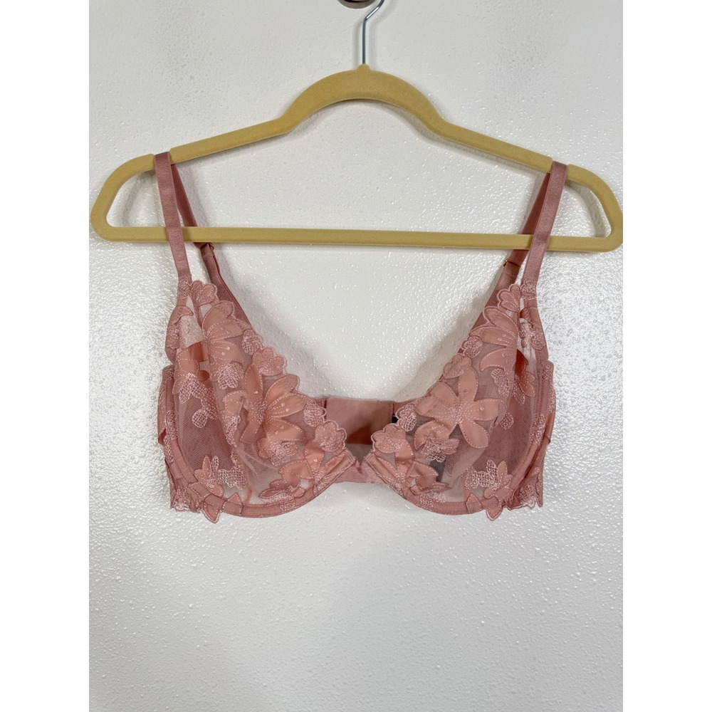 Victorias Secret Pink Floral Embroidered Unlined Plunge Bra 34DD Underwire Mesh